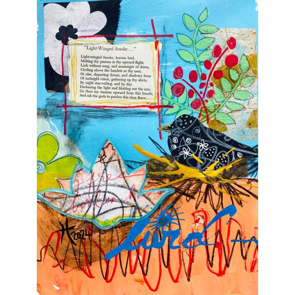 Free Bird Handmade Original Collage Painting Wall Art 11x14in Matted Frame Ready